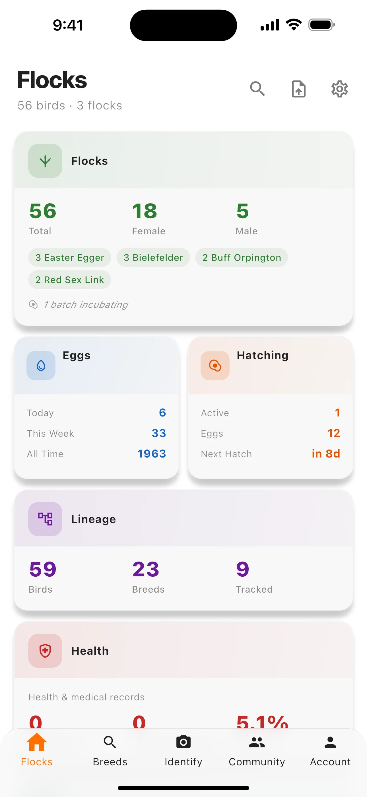 Feathrs app home screen showing coops and flock stats