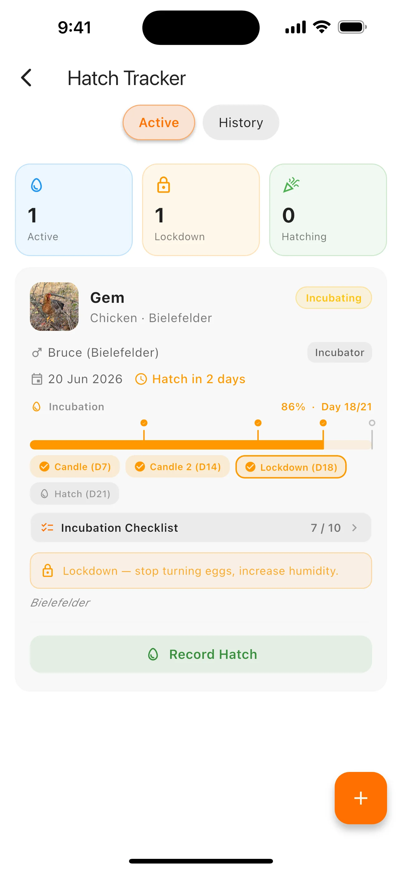 Feathrs incubation and hatching tracker screen
