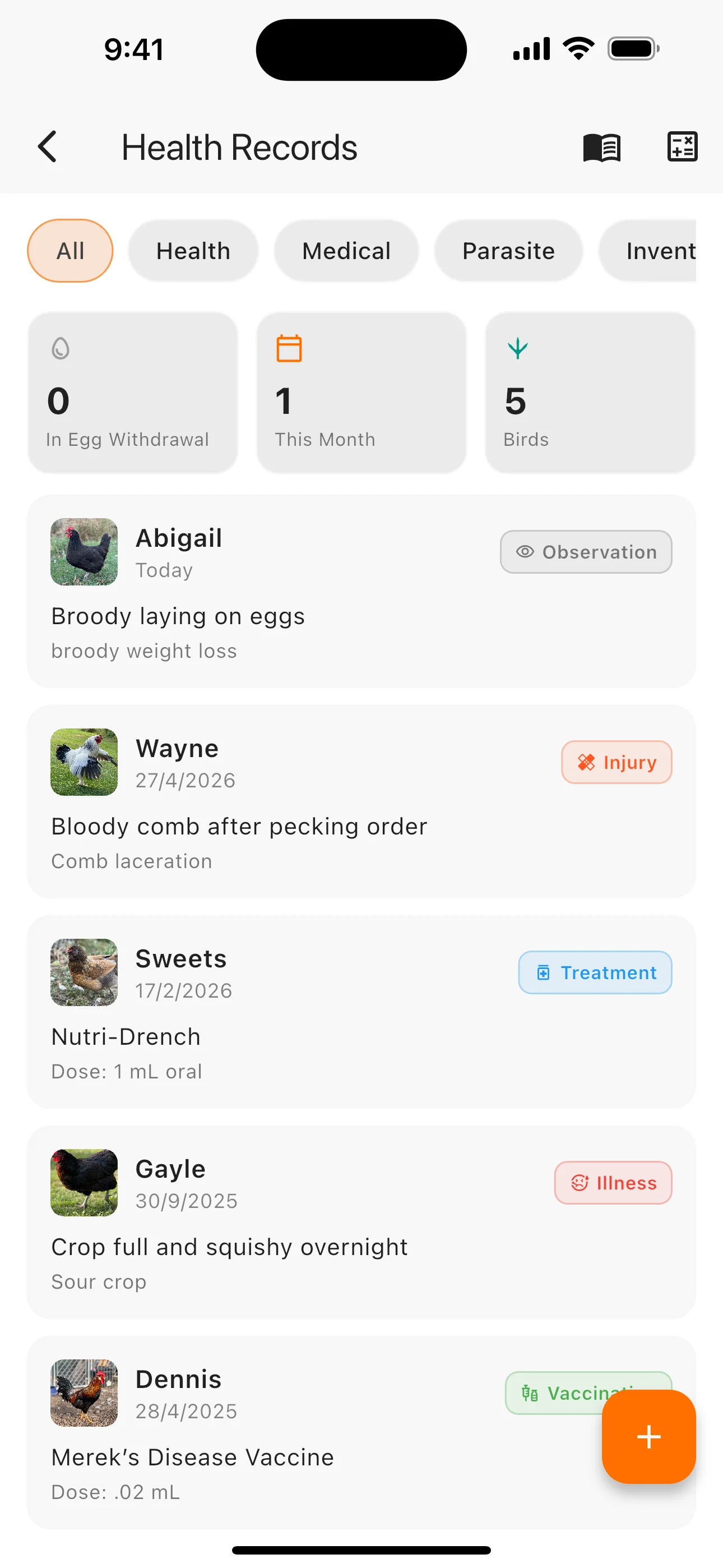Feathrs health and biosecurity tracking screen